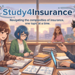 Four young adults studying and discussing insurance topics with books and laptops