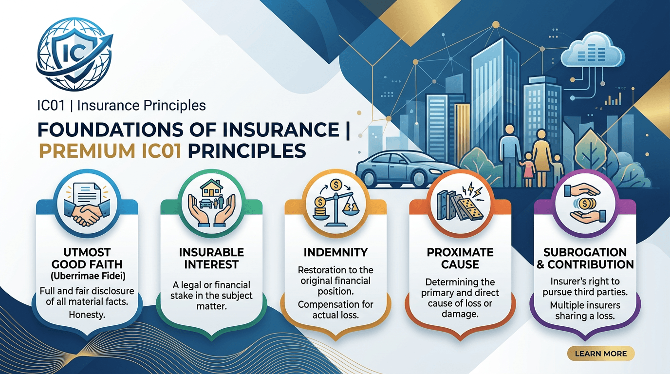 Principles of insurance infographic showing utmost good faith, insurable interest, indemnity, proximate cause, subrogation and contribution